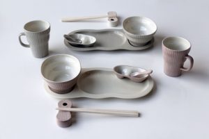 Brunch Set: Pink Plate and Gray Plate Hiroe Hanazono High fired slip cast porcelain 2016 Invited Artist, invited by Robbie Lobell