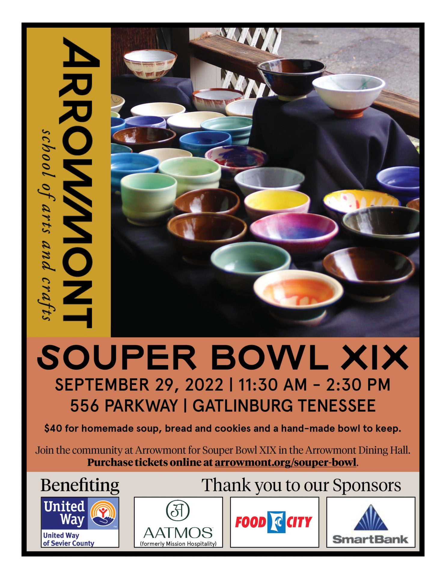 Poster for Souper Bowl XIX - September 29, 2022 - Arrowmont Dining Hall - 11:30 am - 2:30 pm
